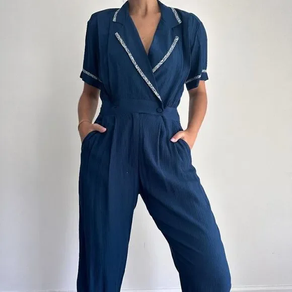 Vintage 80s nautical navy blue jumpsuit - Picture 2 of 10